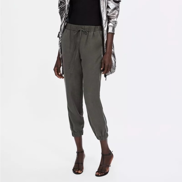 NWT ZARA Women's Size Large Olive Green High Rise Silver Tuxedo Stripe Joggers - Picture 1 of 10